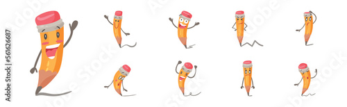 Funny Pencil Character with Face and Arms Drawing Line with Graphite End Vector Set