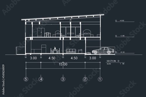 Detailed townhouse section, floor plans, apartments layout. Vector blueprint for architectural vector