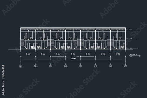 Detailed townhouse section, floor plans, apartments layout. Vector blueprint for architectural vector