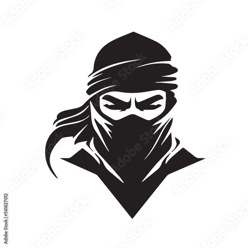 Ninja vector icon. Simple minimal logo of a hooded assassin. Isolated japanese warrior. Stealth character. Asian martial artist. Flat shaped samurai. Cartoon graphic. Isolated man looking angry.