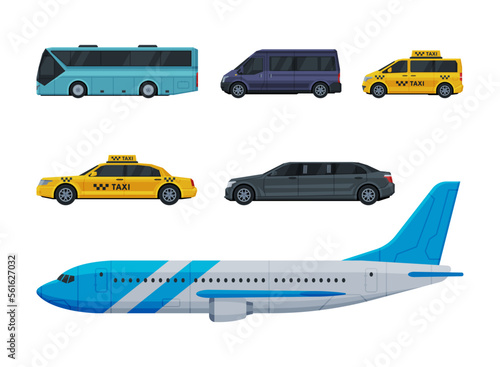 Set of airplane and urban public transport cartoon vector illustration