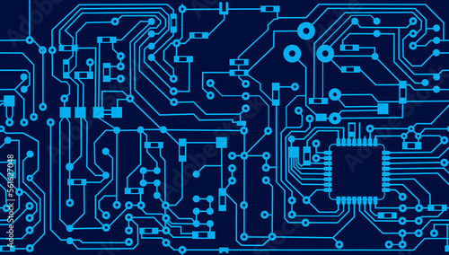 Seamless texture of a computer motherboard with a processor. The system chip of the printed circuit board with the main processor. Education in the field of computer technology.