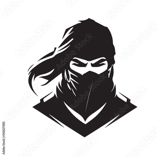 Ninja vector icon. Simple minimal logo of a hooded assassin. Isolated japanese warrior. Stealth character. Asian martial artist. Flat shaped samurai. Cartoon graphic. Isolated man looking angry.