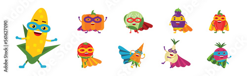 Funny Juicy Vegetables in Superhero Cloak and Cape Vector Set