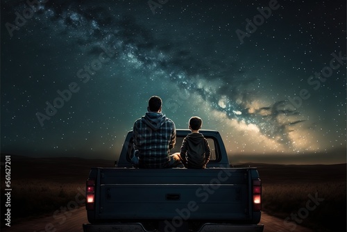 père et fils assis au dos d'une voiture observent le ciel étoilé et la voie lactée de nuit photo