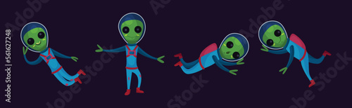 Cute Green Aliens In Space Suits with Friendly Smiling Faces Vector Set