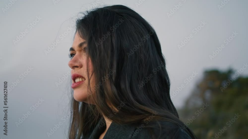 Emotional woman screaming nature dark evening close up. Girl expressing emotions Emotional woman screaming nature dark evening close up. Girl expressing emotions
