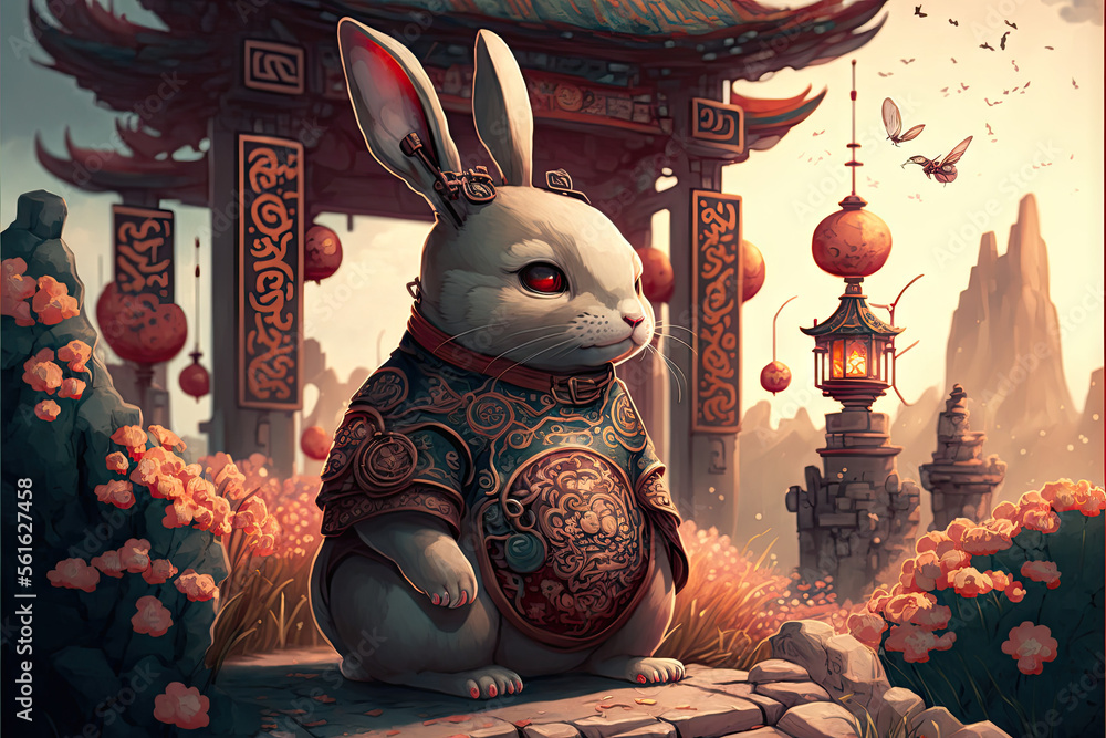 fat rabbit with flowers and temple gate, red eye, chinese new year 2023 ...