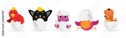 Chick and Reptile Hatching from Cracked Egg Shell Vector Set