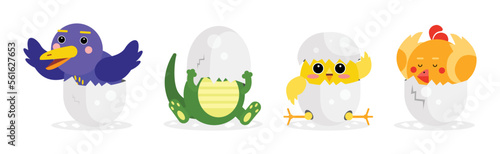 Chick and Reptile Hatching from Cracked Egg Shell Vector Set