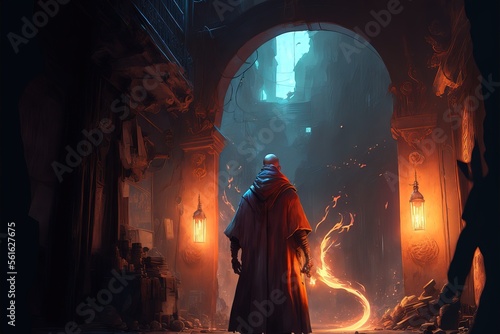 Leinwand Poster illustration de fantasy, personnage avec une cape et capuche de dos, magicien da