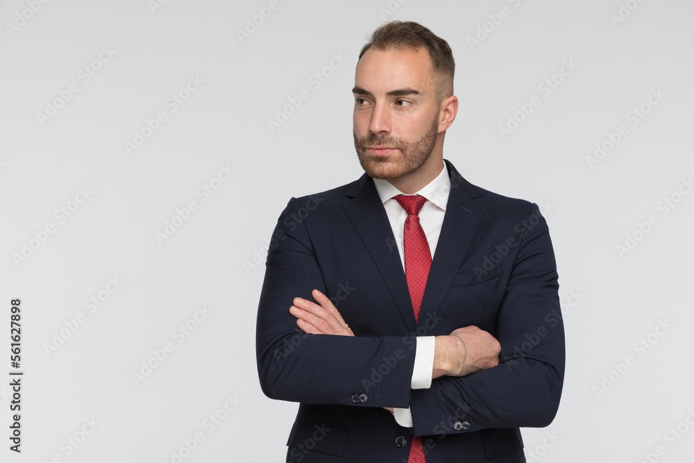 confident businessman in elegant suit looking to side while crossing arms confident businessman in elegant suit looking to side while crossing arms