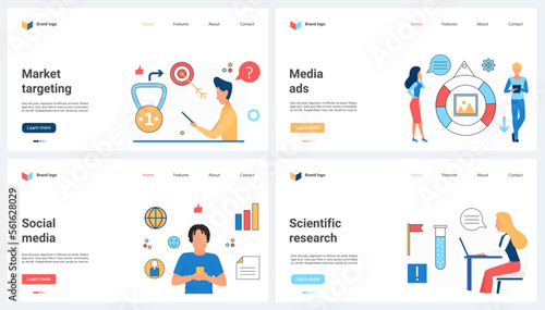Advertising in social media and target marketing, science research set vector illustration. Cartoon tiny people work with SEO services to develop online business, work with scientific technology
