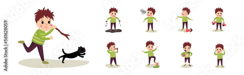 Naughty Little Boy Playing and Misbehaving Vector Set