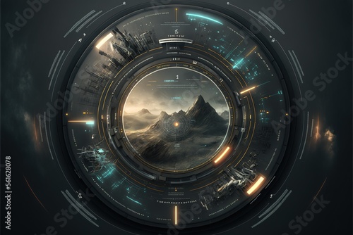 Futuristic neon abstract circle, circular mart system. Science fiction disc with navigation. AI