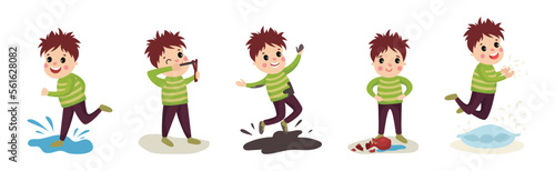 Naughty Little Boy Playing and Misbehaving Vector Set