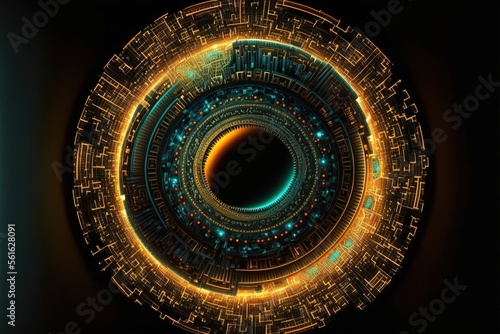 Futuristic neon abstract circle  circular mart system. Science fiction disc with navigation. AI