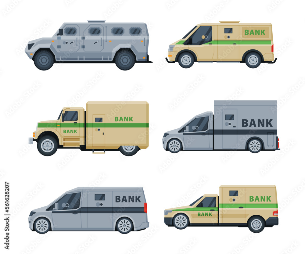 Obraz premium Money collector armored trucks and van cars set. Banking and transportation of valuables flat vector illustration