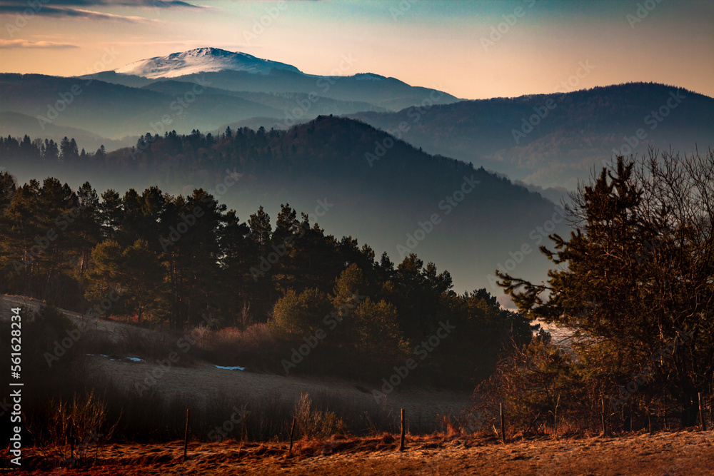 Beautiful misty sunrise in the mountains, Bieszczady, Poland