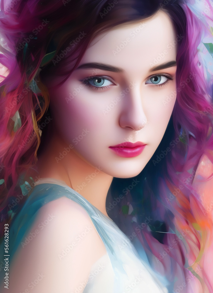 Naklejka premium Portrait painting of a beautiful woman. Illustration of a beautiful girl. Conceptual closeup of an painting. Beautiful woman painting. Generative AI