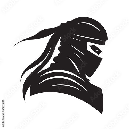 Ninja vector icon. Simple minimal logo of a hooded assassin. Isolated japanese warrior. Stealth character. Asian martial artist. Flat shaped samurai. Cartoon graphic. Isolated man looking angry.