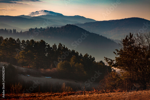 Obraz na płótnie Beautiful misty sunrise in the mountains, Bieszczady, Poland w salonie