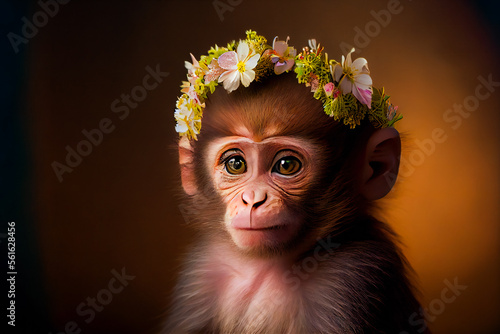  Cute baby monkey portrait on black background.  Generative AI.