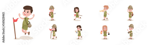 Happy Kids Scout with Flag and Backpack Hiking Enjoying Outdoor Adventure Vector Set