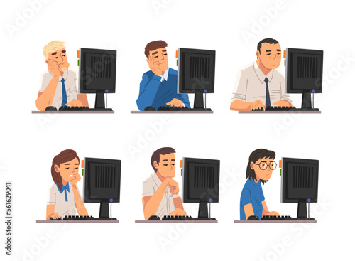 Set of people working at computers. Office employees with bored expressions sitting at desks in front of computer screen cartoon vector illustration