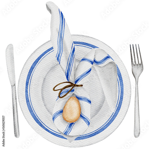 Easter table decor with ceramic easter decorated plate and easter egg decorated with napkin, knife and fork. Transparent background PNG
