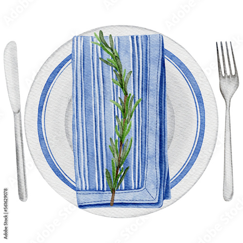 Easter table decor with ceramic decorated plate blue table napkin, rosemary, knife and fork. Transparent background PNG
