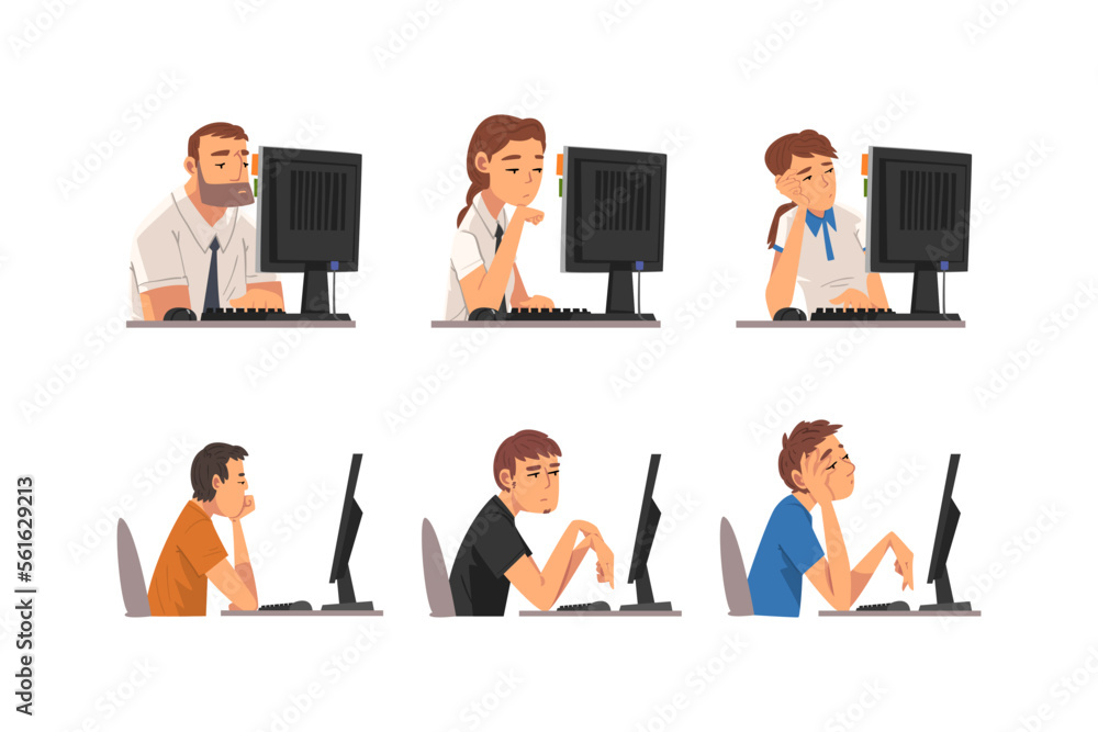 Set of people working at computers. Male and female office employees with bored expressions sitting in front of computer screen cartoon vector illustration Set of people working at computers. Male and female office employees with bored expressions sitting in front of computer screen cartoon vector illustration