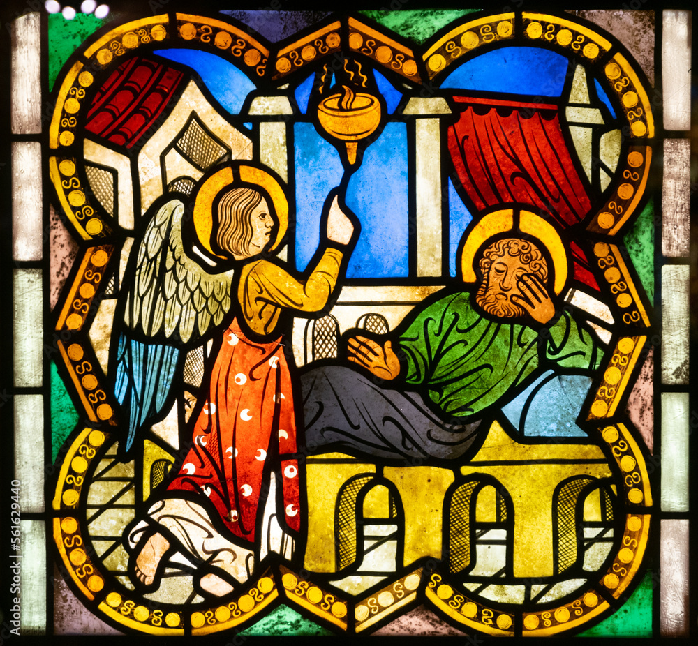 Nativity stained glass church window	
