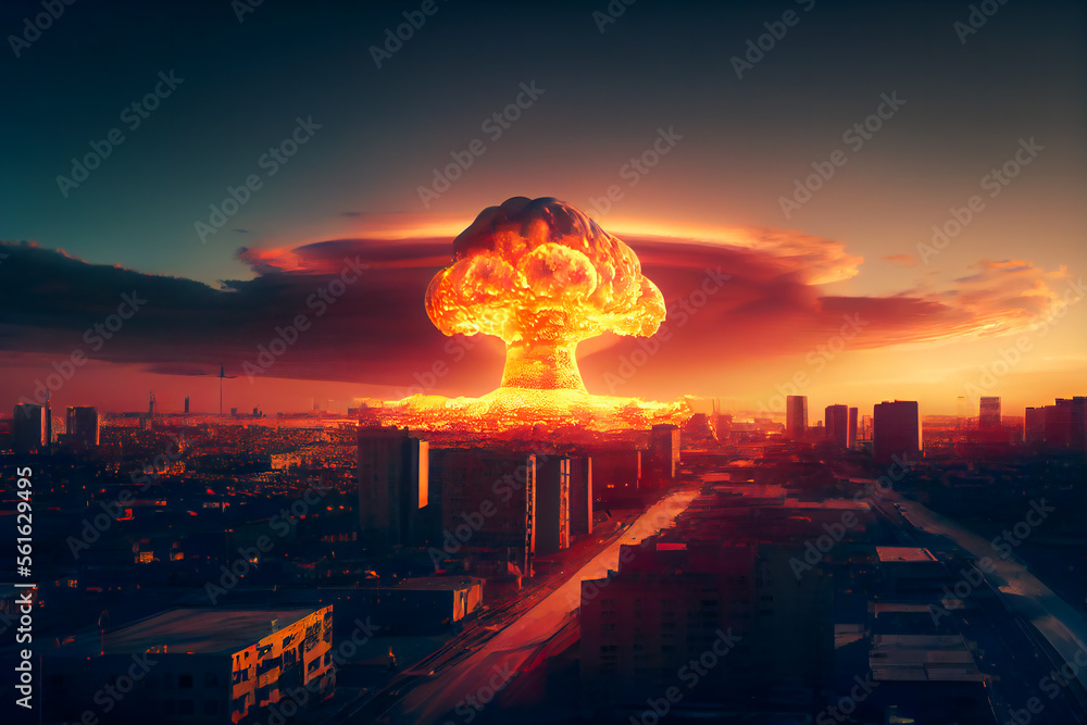  Nuclear explosion in the city.   Atomic weapons and the apocalypse.  Generative AI. - obrazy, fototapety, plakaty 