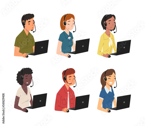 Support service operators with headsets consulting customers set. Customer service, call center, hotline cartoon vector illustration