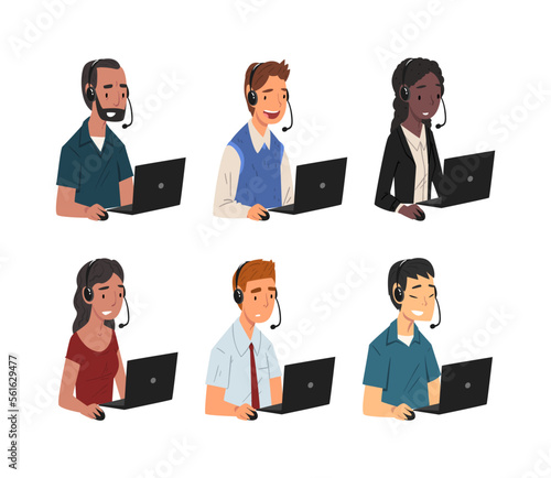 Support service operators or hotline workers with headsets consulting customers set. Customer service, call center, hotline cartoon vector illustration © topvectors