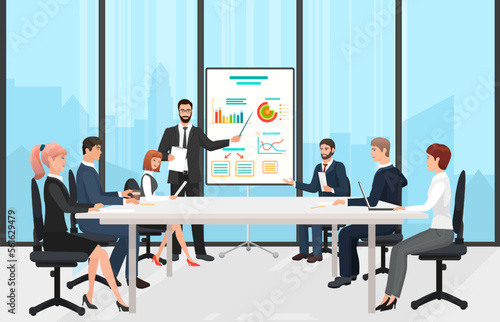 Business people meeting on conference in board room. Cartoon team of professional corporate managers training with leader, businessman showing presentation flat vector illustration. Seminar concept