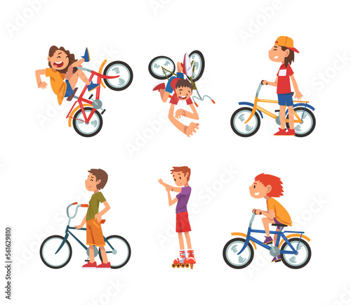 Children riding bike and falling of it set cartoon vector illustration