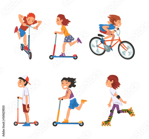 Cute happy children riding bike and kick scooter set cartoon vector illustration