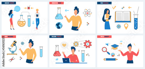 Innovative idea of modern science startup  process of skill development and data research set vector illustration. Cartoon tiny people study books for knowledge  work with scientific lab equipment