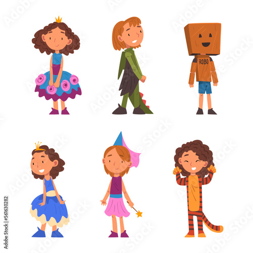 Cute kids in festive costumes. Funny boys and girls in princess, dragon, robot, fairy, tiger costume cartoon vector illustration