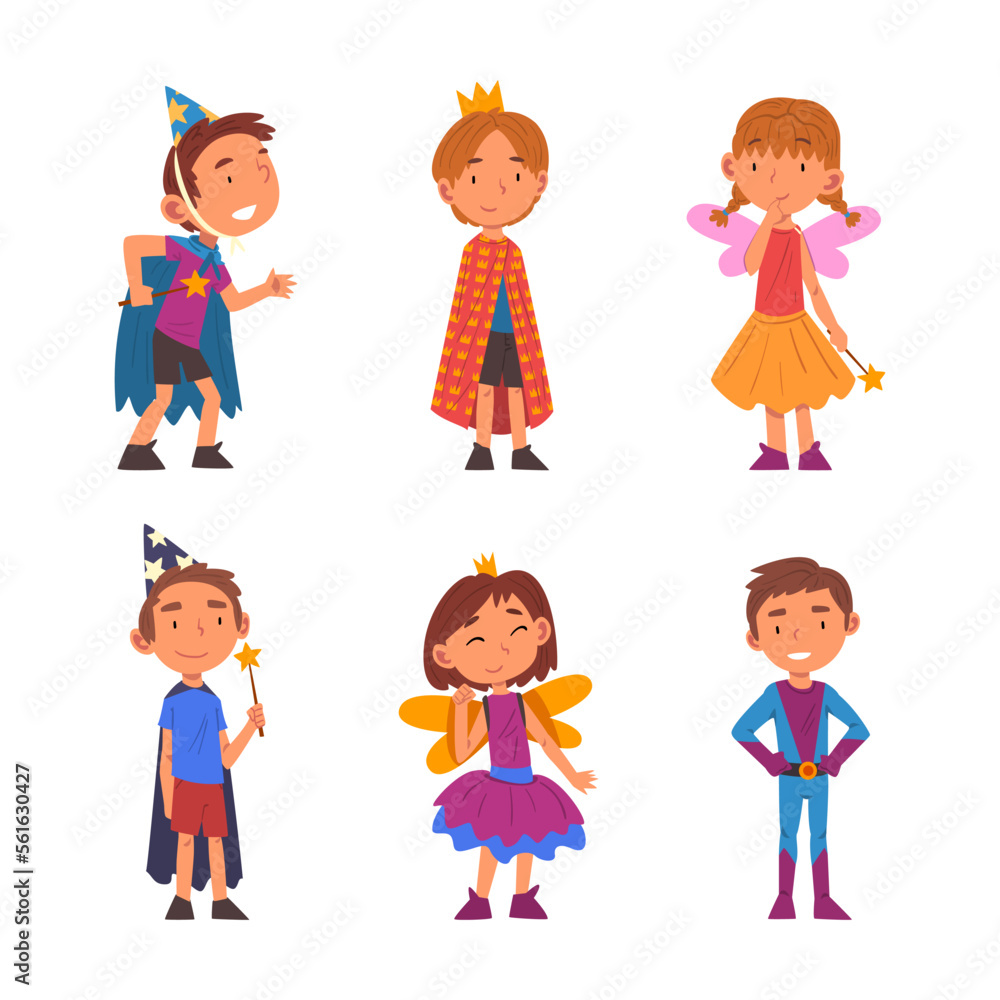 Cute kids in festive costumes. Funny boys and girls in magician, prince, fairy, superhero costume cartoon vector illustration