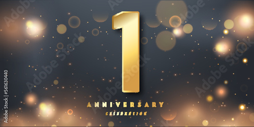1st Year anniversary celebration background. 3D Golden number with Shiny Glitter lights In black dark night background.