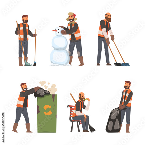 Man garbage collector collecting and sorting waste for recycling. Janitor, sweeper cleaning street and making snowman cartoon vector illustration