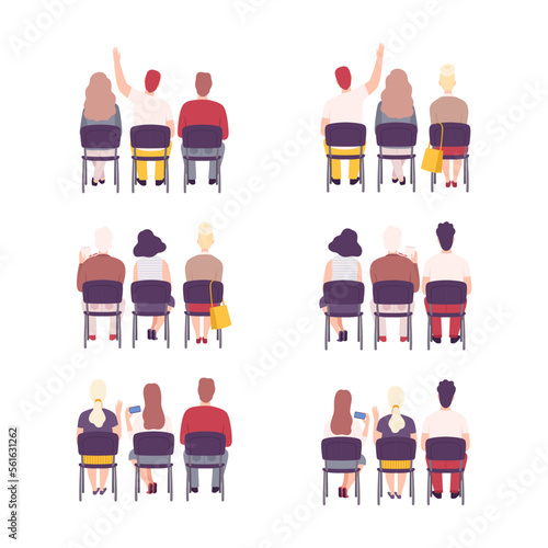 View from behind of sitting people set. Male and female students or lecture participants sitting on chairs in row cartoon vector illustration