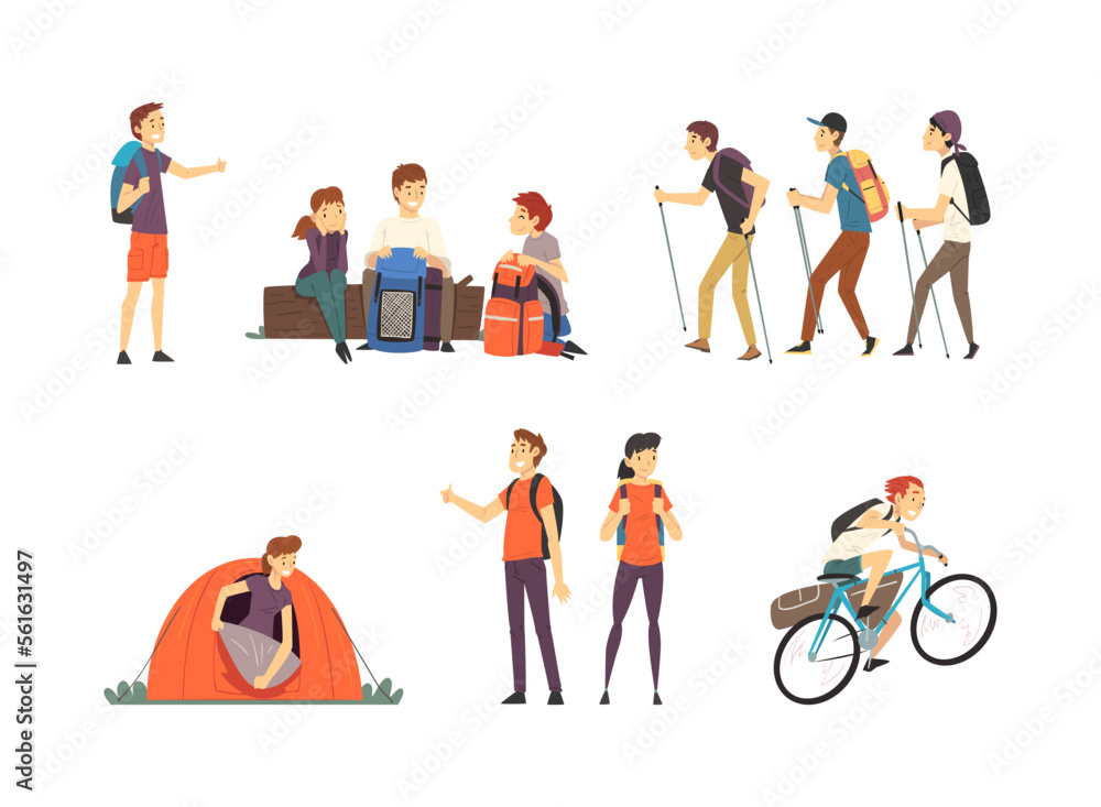 Tourists on vacation set. Male and female travelers hiking and camping. Seasonal recreation, adventure trip concept cartoon vector illustration