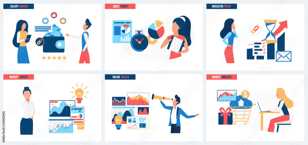 Online access to expert market analysis, daily targets, trend indicators set vector illustration. Cartoon tiny people work with telescope, consult on business vision, research pie charts and diagrams
