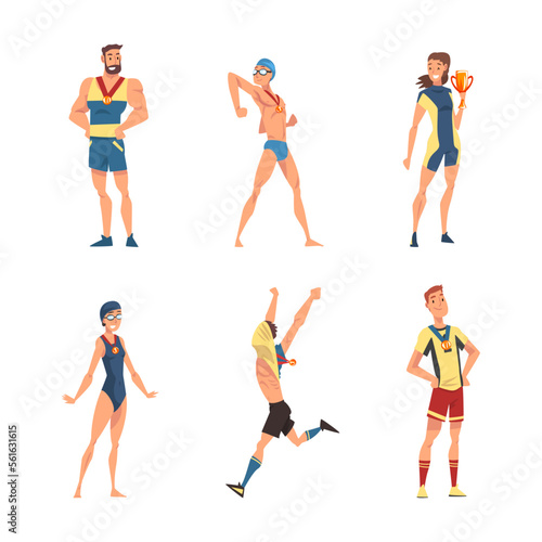 Set of male and female athletes with award cups and medals set. Sports competition winners cartoon vector illustration