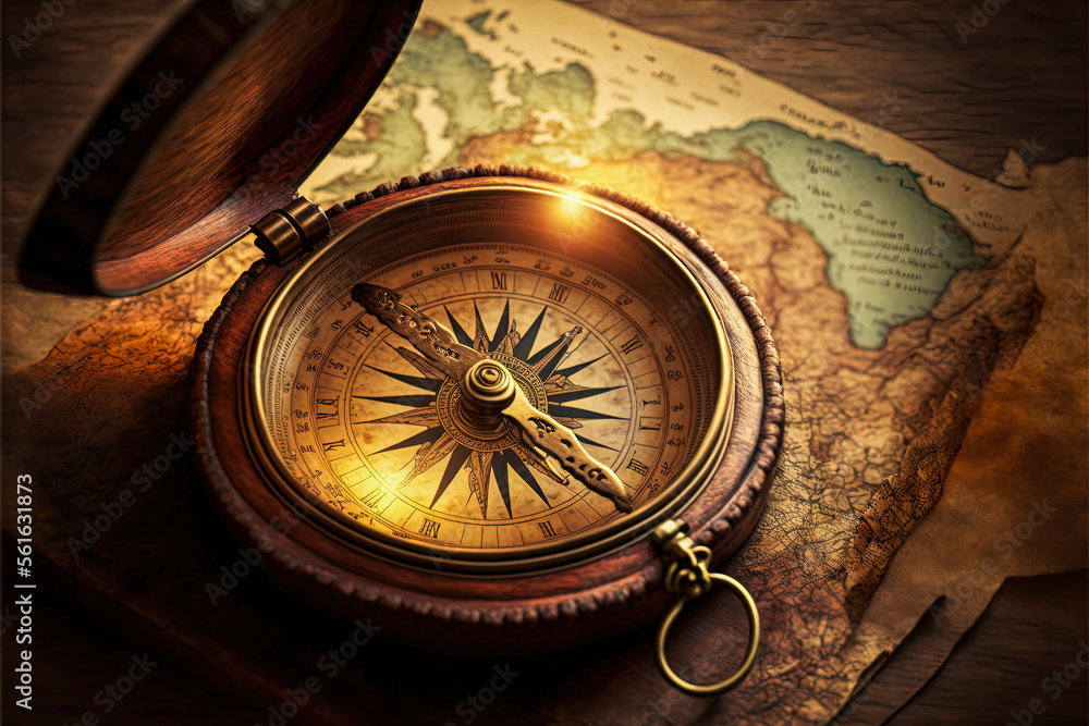 Deep view of a vintage, antique compass set on old nautical charts