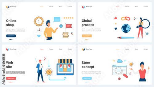 Global processes in commerce, online sales on store website set vector illustration. Cartoon tiny people research digital data with magnifying glass, shoppers at new price in shop app on phone screen